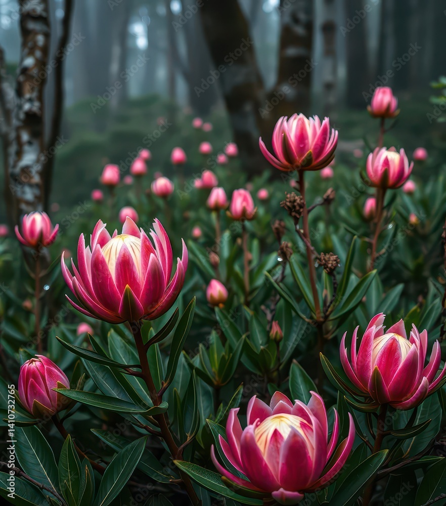 Fototapeta premium Misty forest, vibrant pink protea blooms glistening with dew, flora, fresh