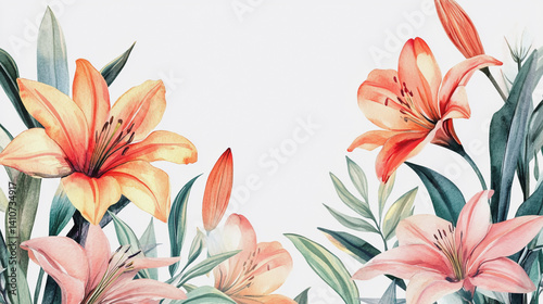 watercolor botanical Lilly flowers texture template background.Elegant wedding invitation card background . Minimal hand painted Design for wedding or Valentine's Day