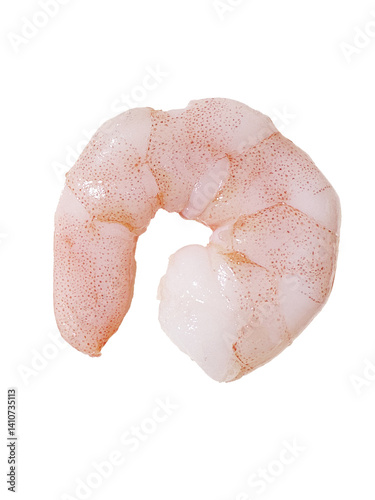 Cooked peeled shrimp with tail, isolated on white background. Fresh pink seafood ideal for culinary