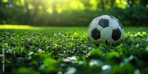 Soccer ball resting on dew-covered grass in sunny park setting during afternoon
