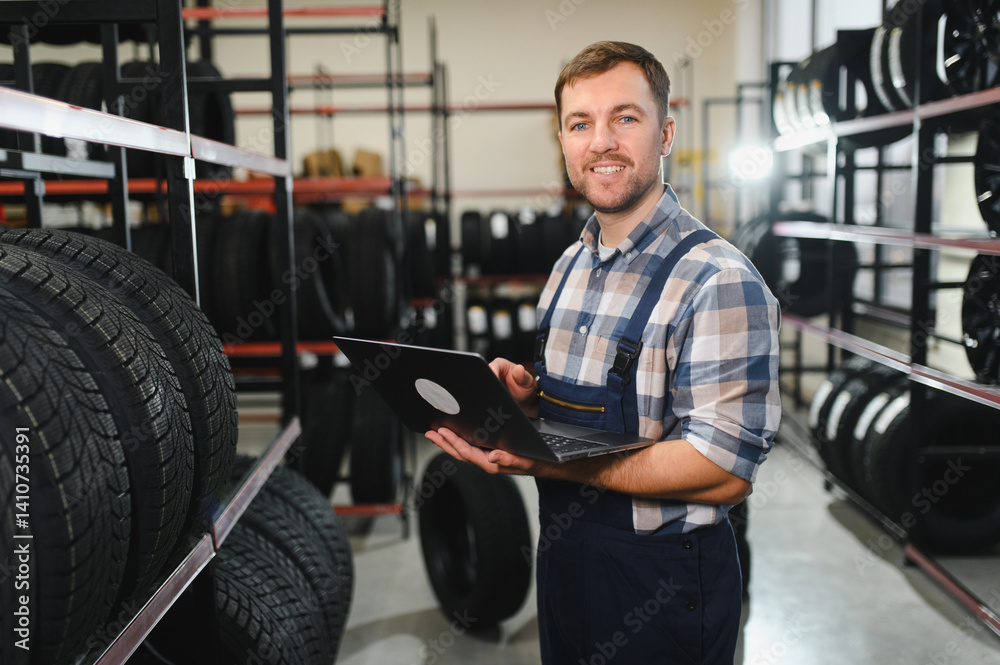 Portrait of a worker in a new car tire shop. Concept of changing tires Portrait of a worker in a new car tire shop. Concept of changing tires