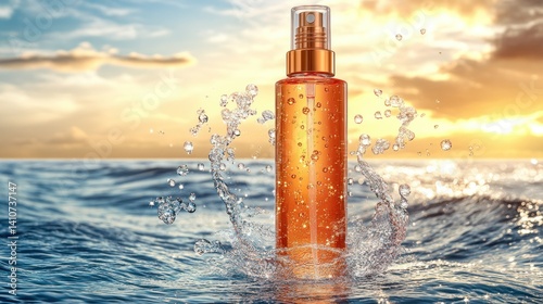 Amber bottle of body spray in water.  Sunrise backdrop