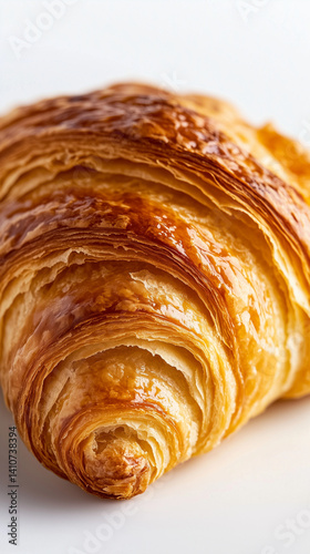 Close-up of a freshly baked, golden-brown croissant, resting on a pristine white surface, showcasing its flaky layers and inviting texture