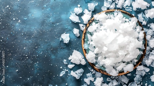 Textured teal backdrop showcasing a wooden plate filled with crushed ice
