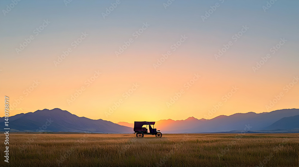 Fototapeta premium Vintage Truck Silhouette At Sunrise Over Golden Field And Mountains