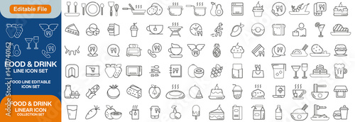 Food and drinks line icons big set. Fastfood. Cooking ingredients. Allergen free. Coffee. Beverage healthy eating icon set outline pictograms. Isolated linear vector illustrations. Editable stroke
