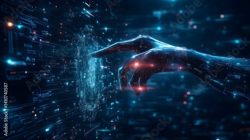 Digital Hand Interacting with Data: A stylized hand reaches out to touch a vibrant, glowing network of digital data points, creating a futuristic and intriguing visual. 