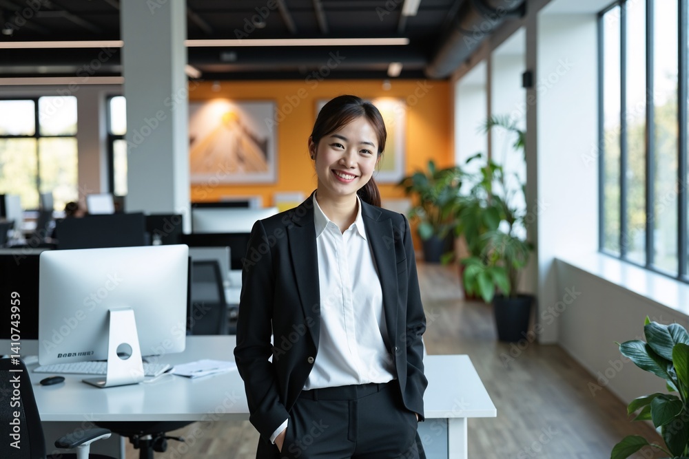 East Asian Female Executive in Black Blazer and White Blouse Standing Confidently in Contemporary Office, modern open-concept office environment East Asian Female Executive in Black Blazer and White Blouse Standing Confidently in Contemporary Office, modern open-concept office environment