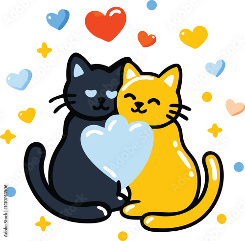 Two cats in love holding a heart