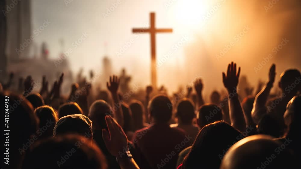 Backlit audience raising hands towards a cross at a concert