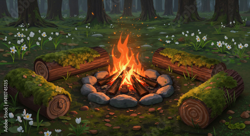 Cozy campfire surrounded by logs in a serene forest setting  