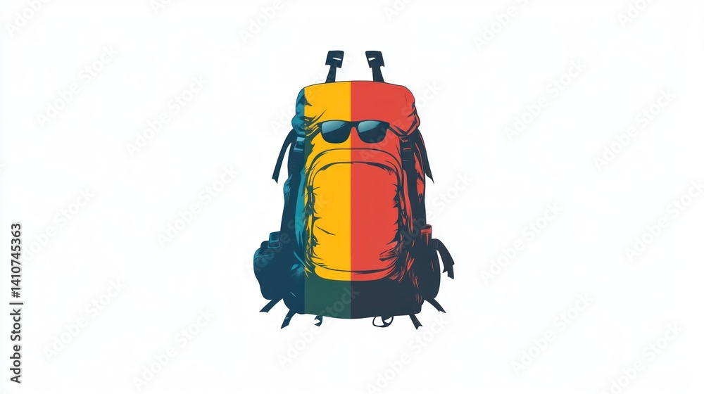 Fototapeta premium Colorful Backpack with Sunglasses Adventure and Travel Gear Illustration for Outdoor Enthusias