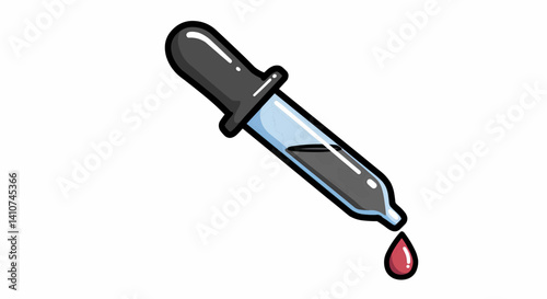 A dark gray, cartoonish pipette, outlined in black, with a glossy, vibrant primary-colored gradient fill, is angled to the right. The bulbous top and rounded bottom are highly detailed and reflective.