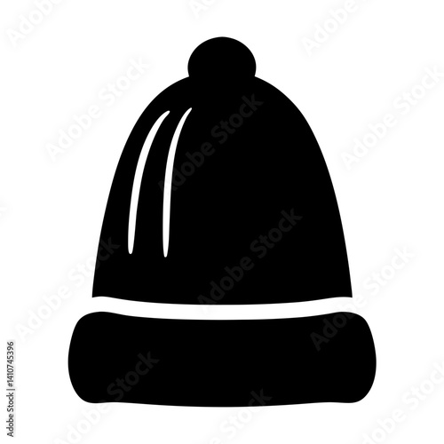 Black Silhouette of a Knitted Winter Hat with Pom Pom on Top