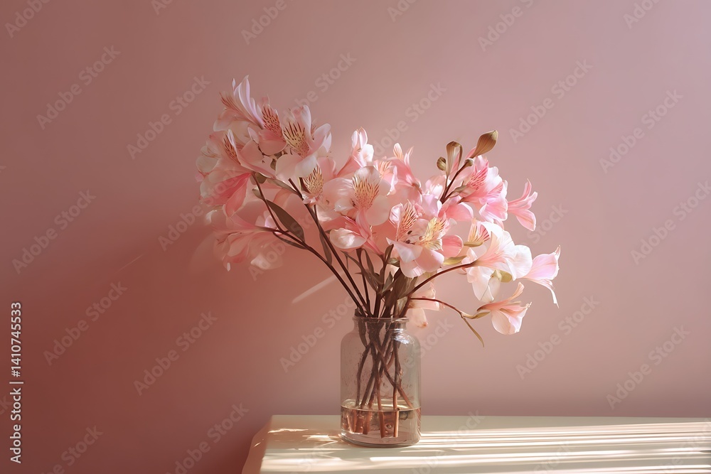 Naklejka premium Pink floral vase on pastel wall for calm summer studio mood 