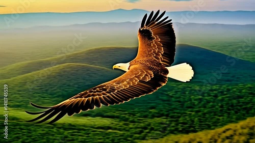 White-Tailed Eagle Soars Above Hortobágy Plains at Sunset Glow