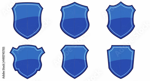 The image features six blue shield shapes arranged in two rows of three on a white background, rendered in a stylized, cartoonish, and playful aesthetic. Vector Illustration
