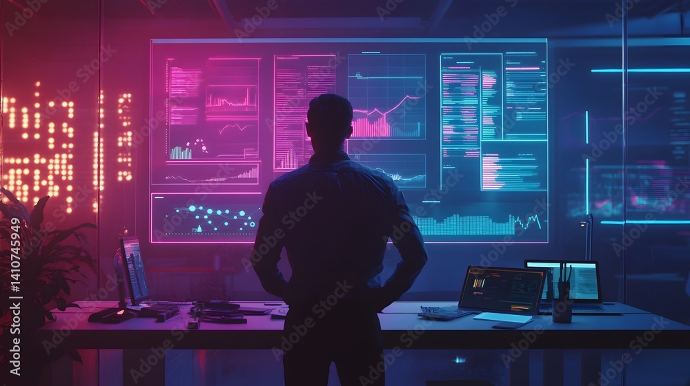 Data Analyst Silhouette in Tech Office: A poised data analyst stands before interactive displays of data, navigating complex information with expertise in a futuristic tech office. Data Analyst Silhouette in Tech Office: A poised data analyst stands before interactive displays of data, navigating complex information with expertise in a futuristic tech office.