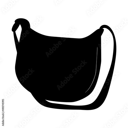 Silhouette of a black messenger bag with shoulder strap on white background