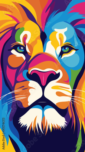 Vibrant Colorful Roaring Lion Face Vector for T-Shirt Design in Minimalist Style