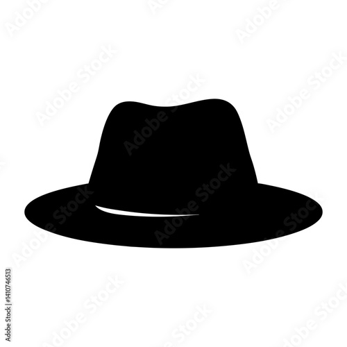 A stark silhouette of a black fedora style hat with white background