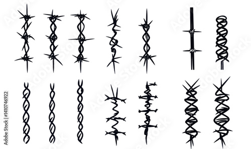 Barbed Wire Silhouette Icon Set: Industrial Security and Protection Vector Graphics Collection