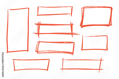 Rectangle highlight red crayon set - sketchy hand drawn rough shapes ink underlining, graphic elements marker in grunge style for emphasizing important information and drawing attention to text