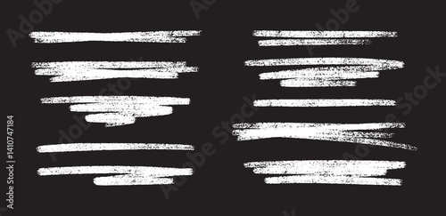 Chalk white underline set - rough crayon hand drawn horizontal highlighter strokes with textured edges. Design elements for emphasizing text. Decorative accent straight marker lines.
