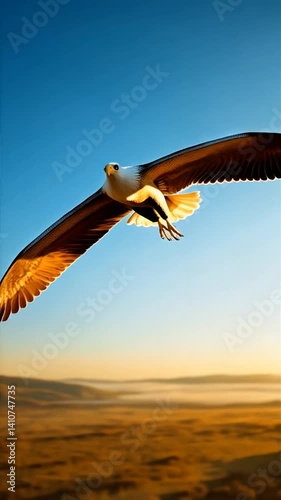 White-Tailed Eagle Soars Above Hortobágy Plains at Sunset Glow