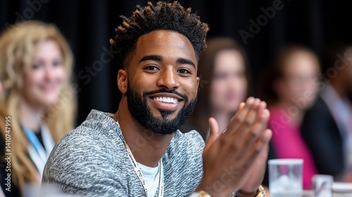 Smiling Diverse Man Clapping at Conference