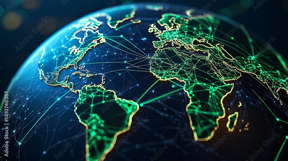 Fototapeta premium Bright glowing lines connecting green continents over minimalist Earth model, resilient networks, clean future mapping concept, satellite interface look