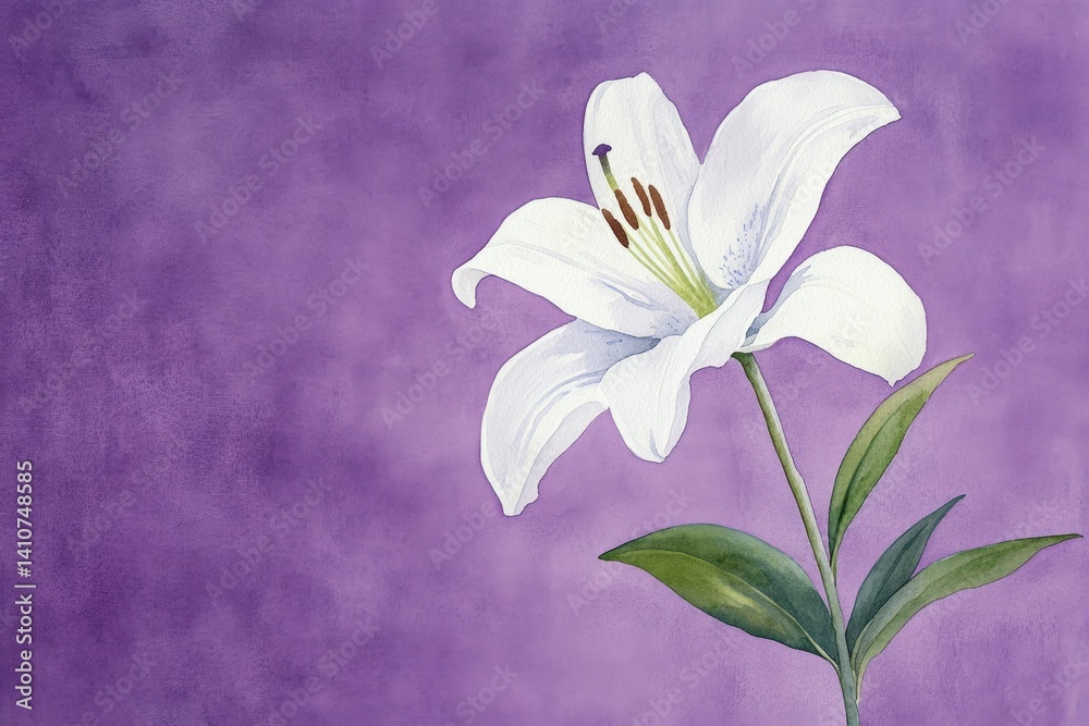 Fototapeta premium Delicate white lily against a vibrant purple backdrop.