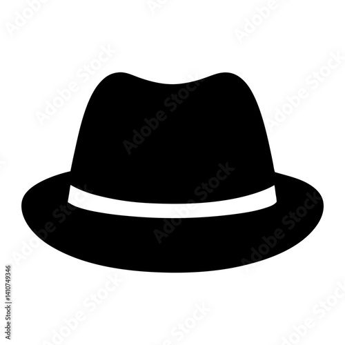 A simple black and white icon illustration of a stylish fedora hat