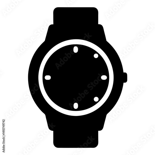 Black and white icon image of a wristwatch with a round face