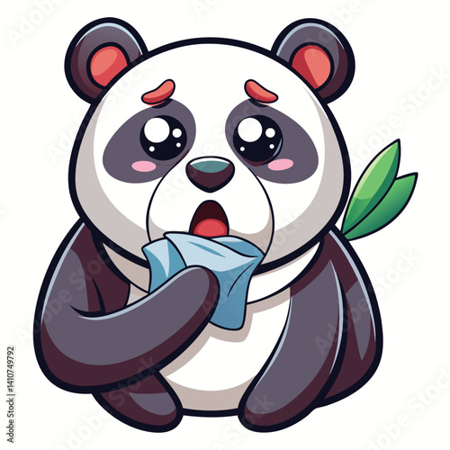 Cute panda holding a tissue, looking sad and concerned