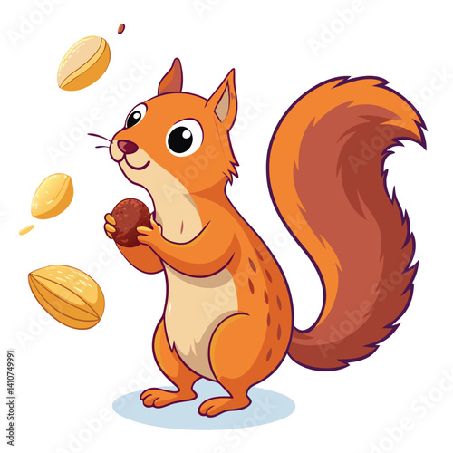 Cute squirrel holding a nut with nuts flying around