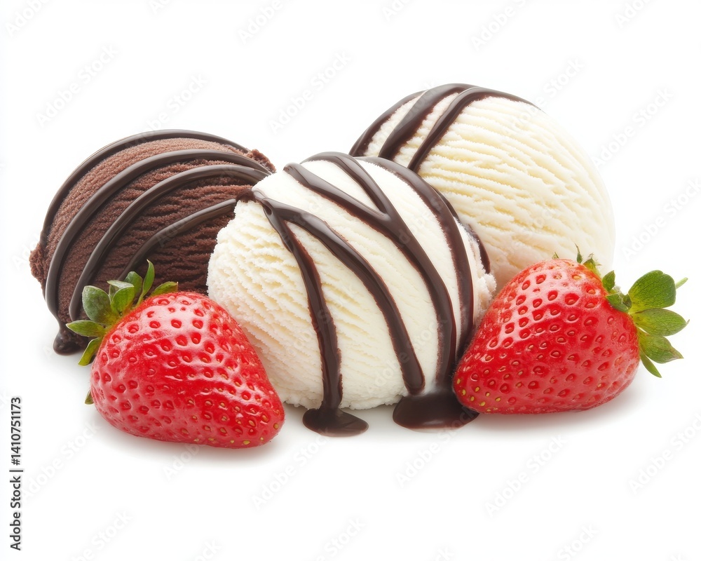 Vanilla, chocolate, and strawberry ice cream scoops drizzled with syrup Vanilla, chocolate, and strawberry ice cream scoops drizzled with syrup