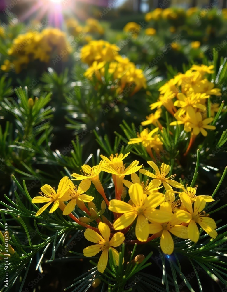 Fototapeta premium Sunlit yellow celandine blooms amidst deep green pine needles, foliage, bright, trees