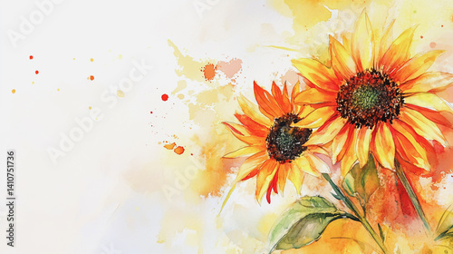 watercolor botanical Sunflower flowers texture template background.Elegant wedding invitation card background . Minimal hand painted Design for wedding or Valentine's Day