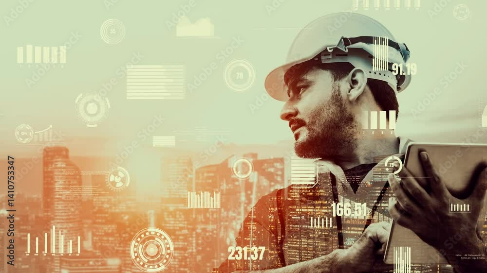 Future building construction and inventive engineering project concept with HUD hologram graphic design. Building engineer, architect people or construction worker works with modern civil technology.