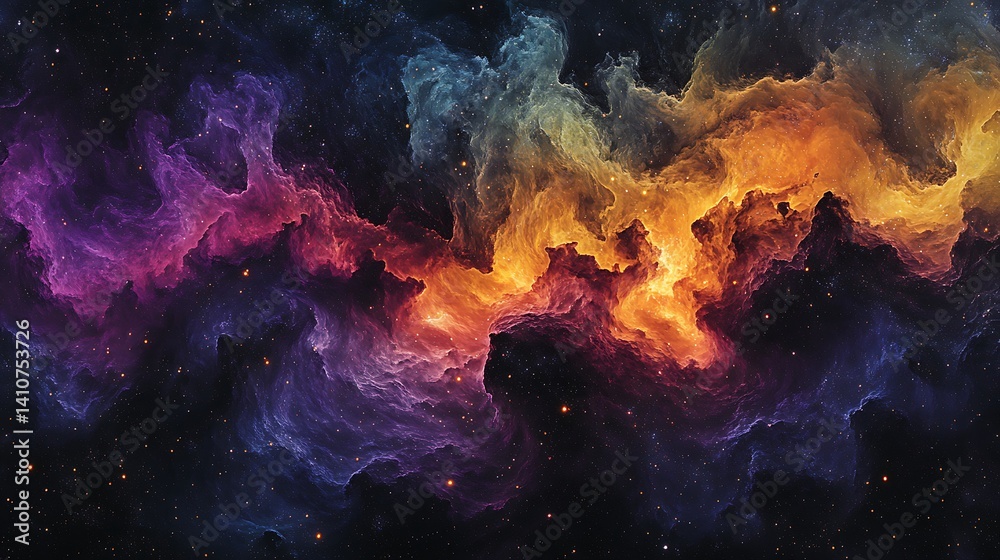 Fototapeta premium Vibrant Cosmic Nebula in Space, A vibrant, colorful nebula in space with swirling clouds of blue, green, yellow, and red