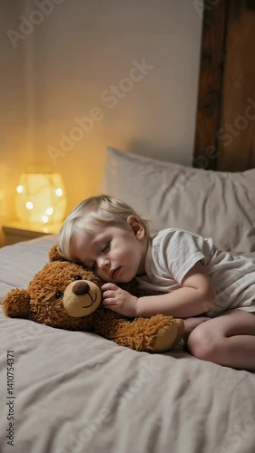Adorable toddler sleeping soundly with a cuddly brown teddy bear in a cozy bed at bedtime