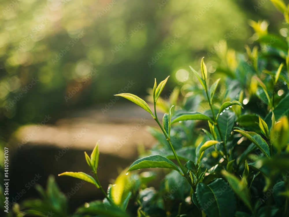 Fototapeta premium Fresh Green Tea Leaves in Sunlight with Dew Drops