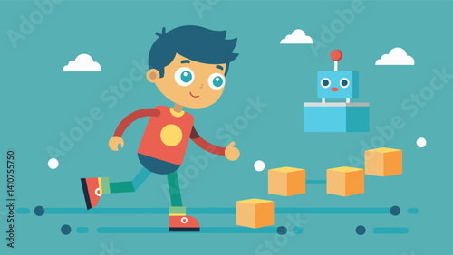 A boy carefully navigating his robot through a series of obstacles trying to avoid any errors.. Vector illustration