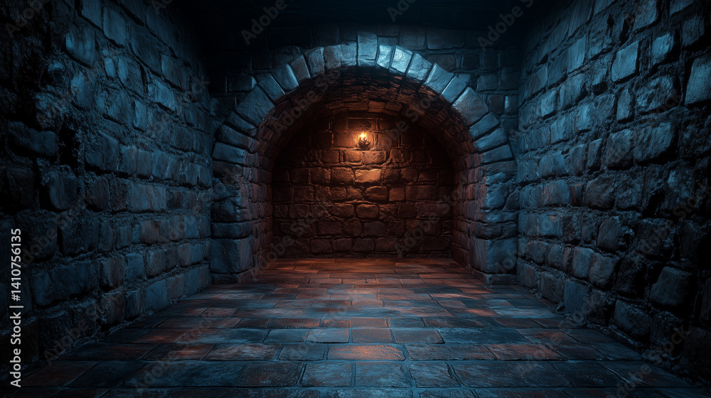 Obraz premium Dark stone archway in a mysterious dungeon. A single light source casts an eerie glow on the rough stone walls