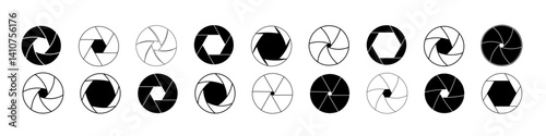 Black camera shutter aperture icons. Camera lens focus. Elements of different aperture closing shapes. Vector illustration.
