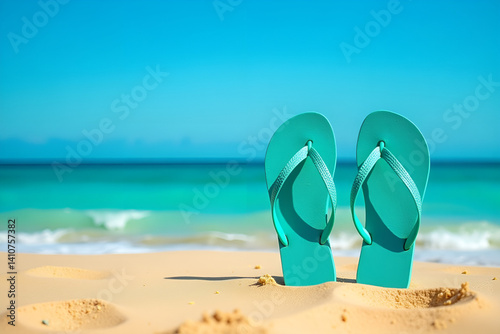 A pair of turquoise flip-flops standing upright in golden sand, positioned in the foreground, with a calm turquoise ocean and clear blue sky in the background, bright daylight, crisp shadows, symbol