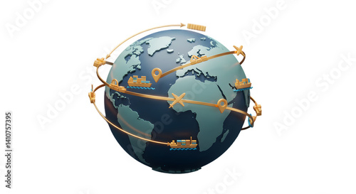 A globe with shipping routes depicted by golden lines and icons on a black background showing logistics