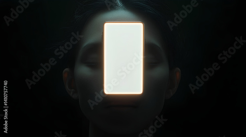 exhausted expressionless face lit by a floating glowing rectangle