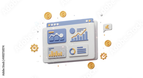 A stylized dashboard with charts and graphs surrounded by coins and gears on a black background